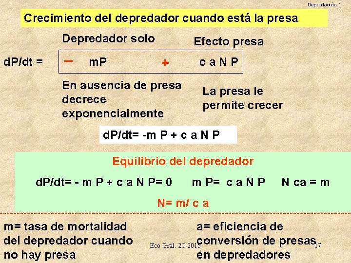 Depredación 1 Crecimiento del depredador cuando está la presa Depredador solo d. P/dt =