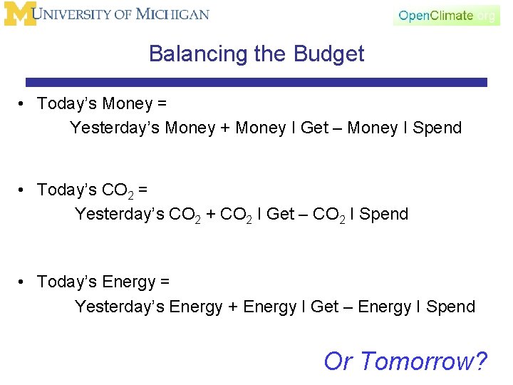 Balancing the Budget • Today’s Money = Yesterday’s Money + Money I Get –