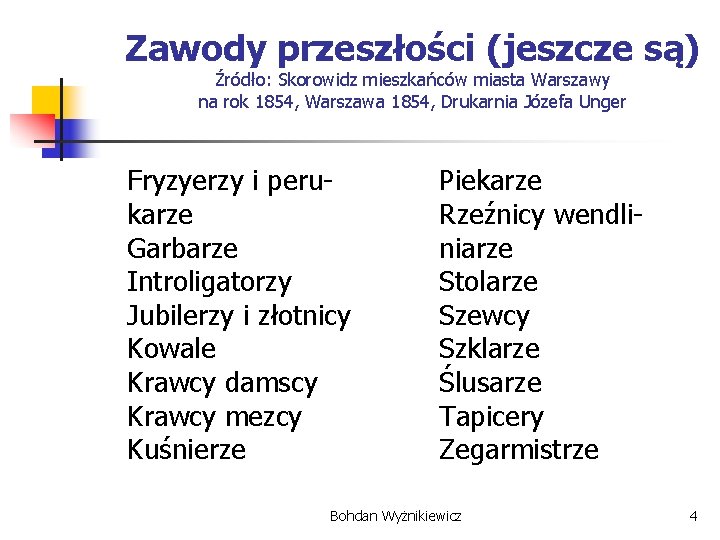 Zawody przeszłości (jeszcze są) Źródło: Skorowidz mieszkańców miasta Warszawy na rok 1854, Warszawa 1854,