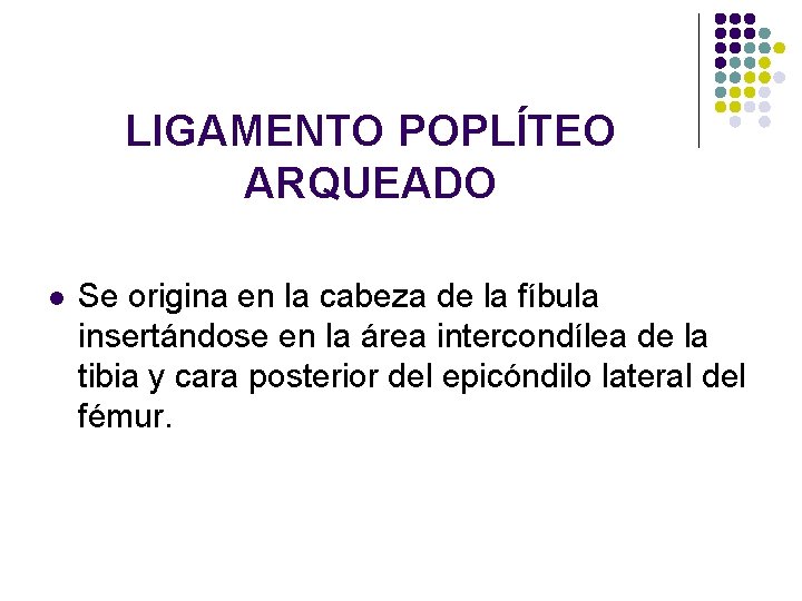 LIGAMENTO POPLÍTEO ARQUEADO l Se origina en la cabeza de la fíbula insertándose en