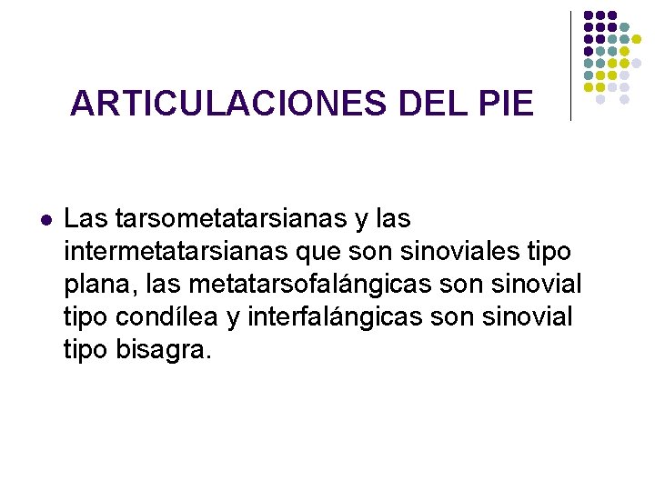 ARTICULACIONES DEL PIE l Las tarsometatarsianas y las intermetatarsianas que son sinoviales tipo plana,