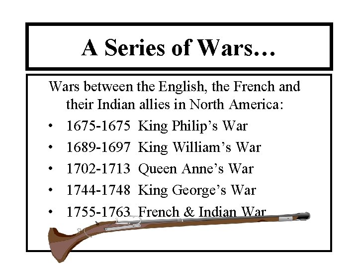 A Series of Wars… Wars between the English, the French and their Indian allies