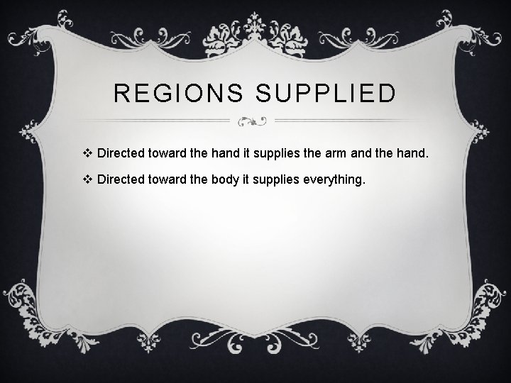 REGIONS SUPPLIED v Directed toward the hand it supplies the arm and the hand.