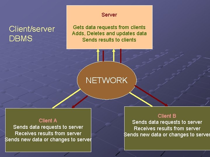 Server Client/server DBMS Gets data requests from clients Adds, Deletes and updates data Sends