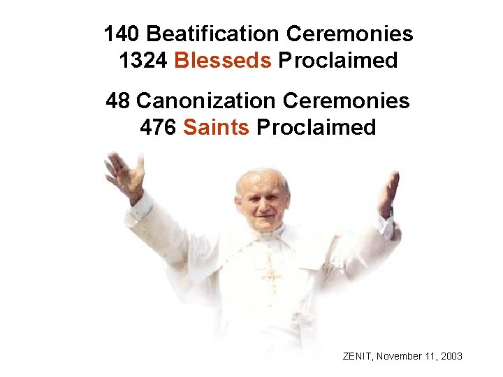 140 Beatification Ceremonies 1324 Blesseds Proclaimed 48 Canonization Ceremonies 476 Saints Proclaimed ZENIT, November