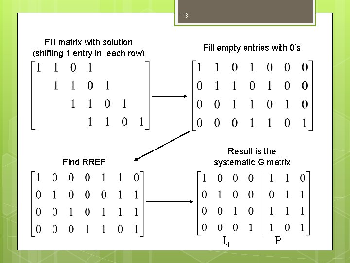 13 Fill matrix with solution (shifting 1 entry in each row) Find RREF Fill