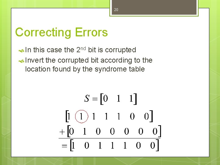 20 Correcting Errors In this case the 2 nd bit is corrupted Invert the