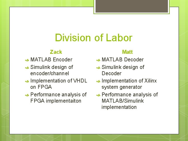 Division of Labor Zack MATLAB Encoder Simulink design of encoder/channel Implementation of VHDL on