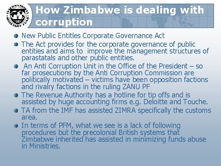 How Zimbabwe is dealing with corruption New Public Entitles Corporate Governance Act The Act