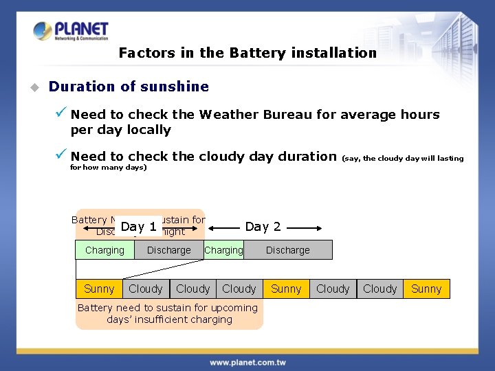 Factors in the Battery installation u Duration of sunshine ü Need to check the
