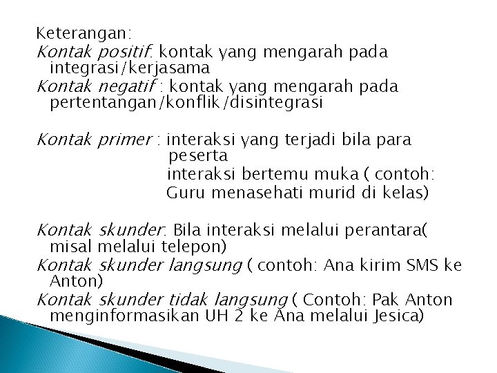 Keterangan: Kontak positif: kontak yang mengarah pada integrasi/kerjasama Kontak negatif : kontak yang mengarah