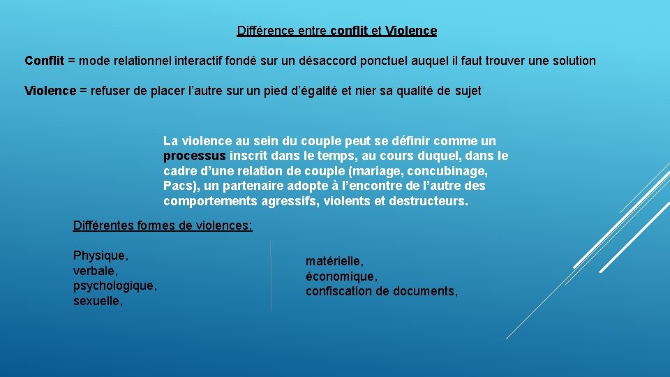 Différence entre conflit et Violence Conflit = mode relationnel interactif fondé sur un désaccord
