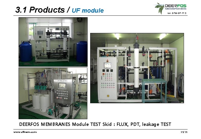 3. 1 Products / UF module ver. DFM-DP-17. 2 DEERFOS MEMBRANES Module TEST Skid
