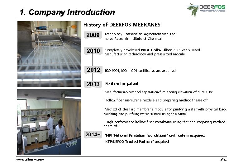 1. Company Introduction ver. DFM-DP-17. 2 History of DEERFOS MEBRANES 2009 Technology Cooperation Agreement