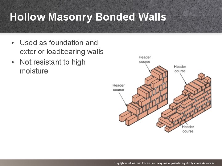 Hollow Masonry Bonded Walls • Used as foundation and exterior loadbearing walls • Not