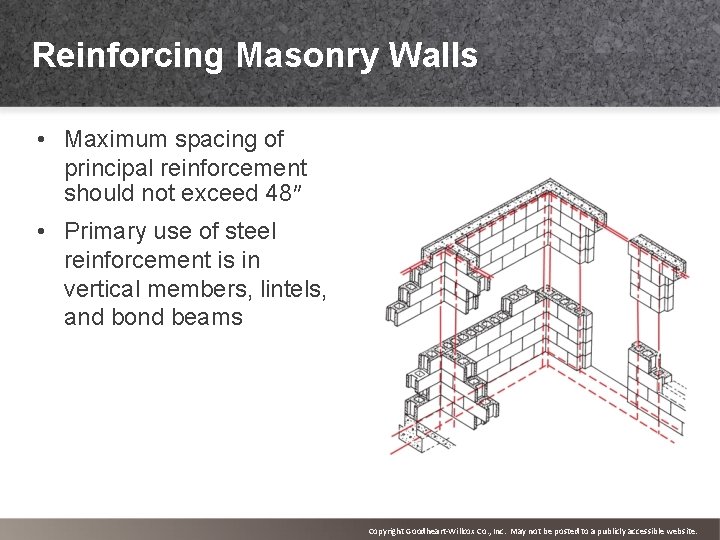 Reinforcing Masonry Walls • Maximum spacing of principal reinforcement should not exceed 48″ •