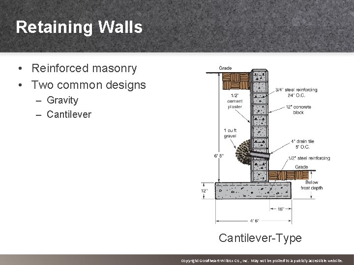 Retaining Walls • Reinforced masonry • Two common designs – Gravity – Cantilever-Type Copyright