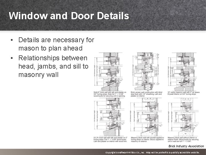 Window and Door Details • Details are necessary for mason to plan ahead •