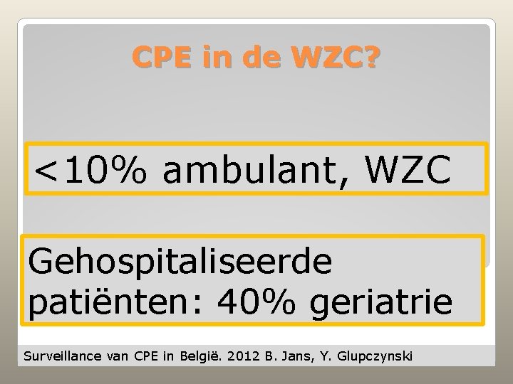 CPE in de WZC? <10% ambulant, WZC Gehospitaliseerde patiënten: 40% geriatrie Surveillance van CPE