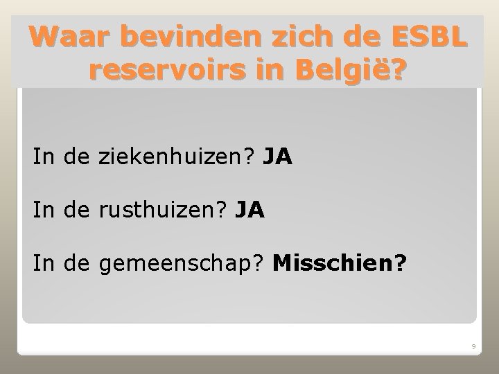 Waar bevinden zich de ESBL reservoirs in België? In de ziekenhuizen? JA In de