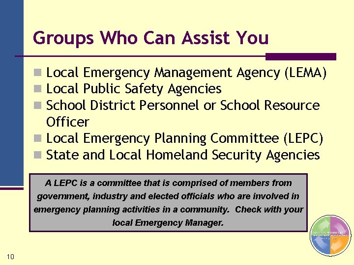 Groups Who Can Assist You n Local Emergency Management Agency (LEMA) n Local Public