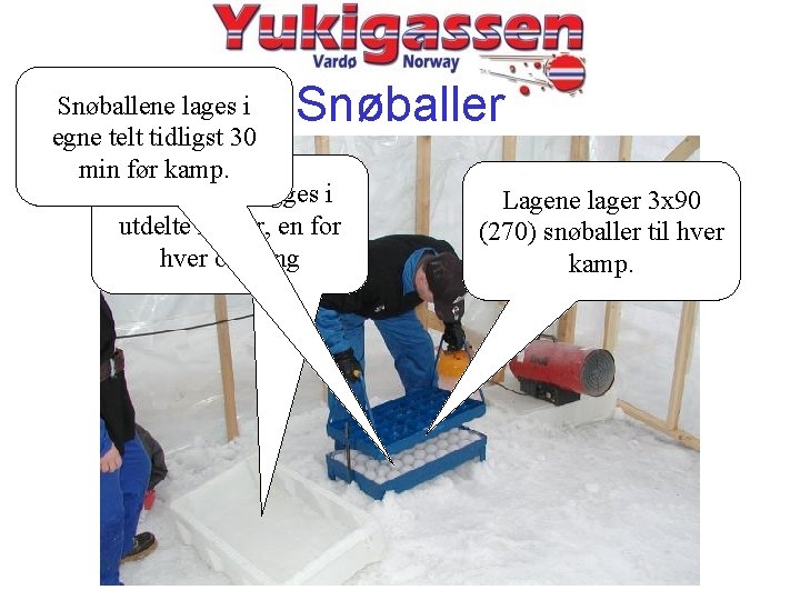 Snøballer Snøballene lages i egne telt tidligst 30 min før kamp. Snøballene legges i