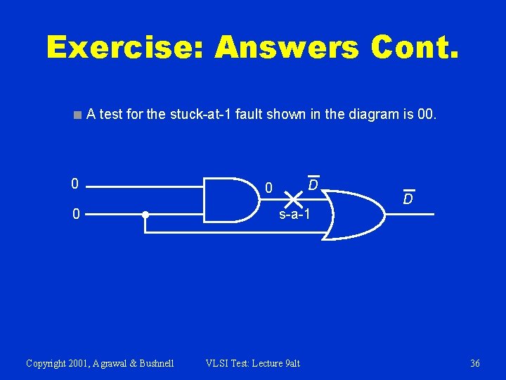 Exercise: Answers Cont. ■ A test for the stuck-at-1 fault shown in the diagram