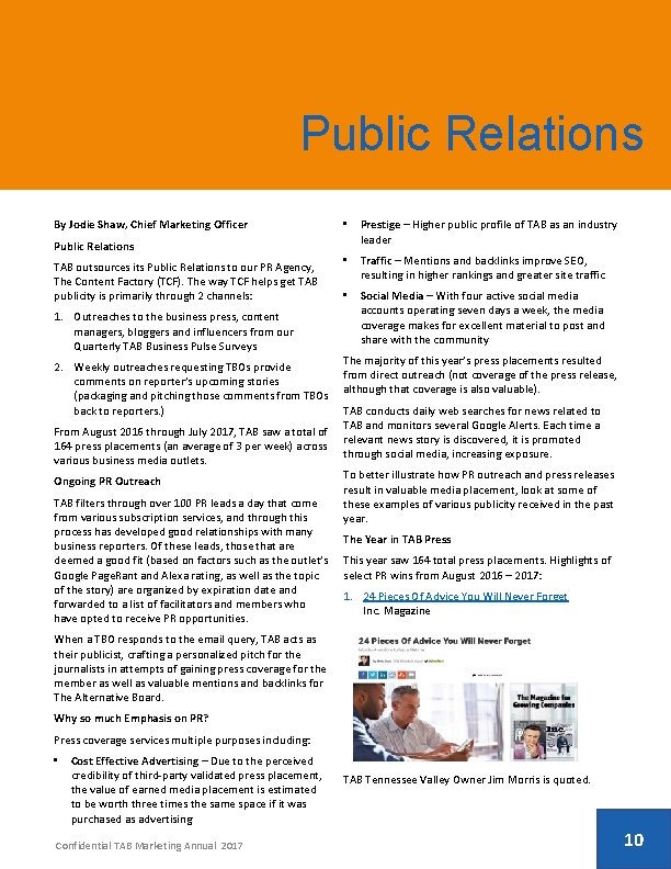 Public Relations By Jodie Shaw, Chief Marketing Officer Public Relations TAB outsources its Public