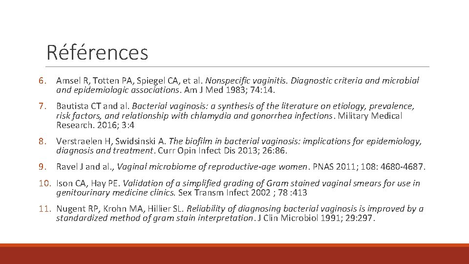 Références 6. Amsel R, Totten PA, Spiegel CA, et al. Nonspecific vaginitis. Diagnostic criteria