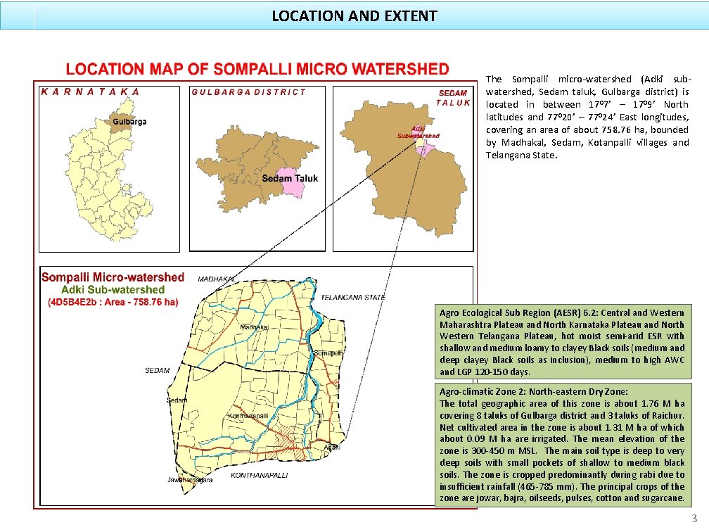 LOCATION AND EXTENT The Sompalli micro-watershed (Adki subwatershed, Sedam taluk, Gulbarga district) is located