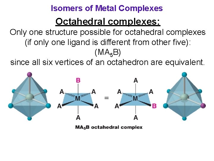 Isomers of Metal Complexes Octahedral complexes: Only one structure possible for octahedral complexes (if
