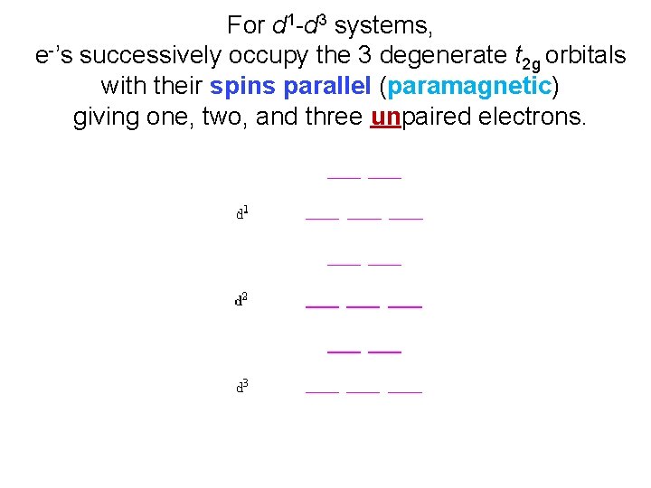 For d 1 -d 3 systems, e-’s successively occupy the 3 degenerate t 2