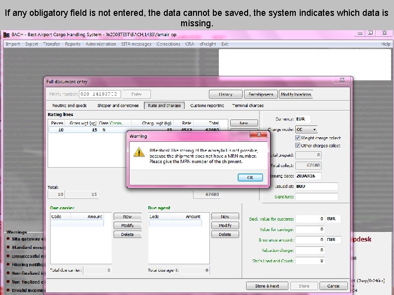 If any obligatory field is not entered, the data cannot be saved, the system