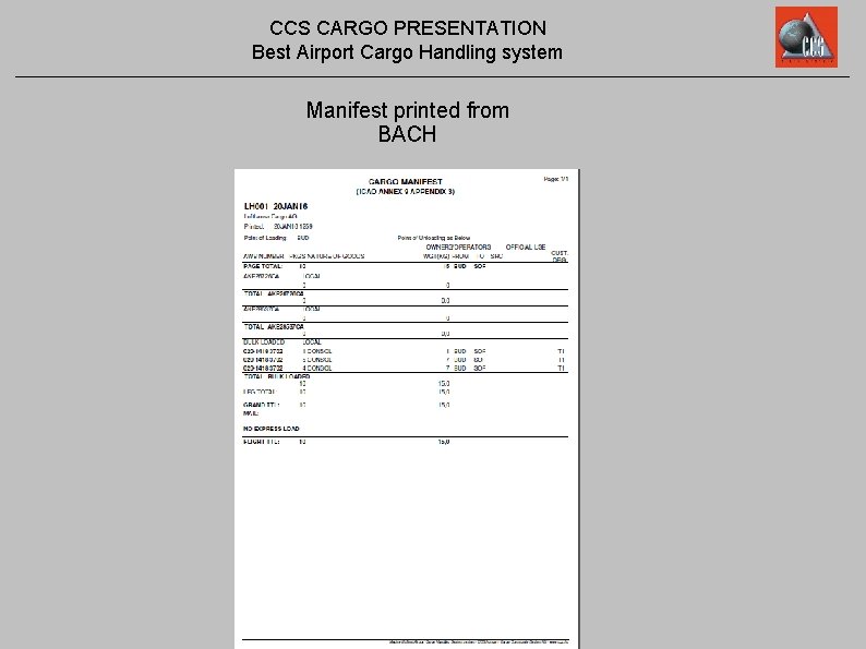 CCS CARGO PRESENTATION Best Airport Cargo Handling system Manifest printed from BACH 