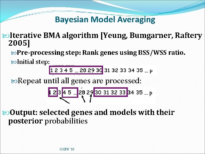 Bayesian Model Averaging Iterative BMA algorithm [Yeung, Bumgarner, Raftery 2005] Pre-processing step: Rank genes