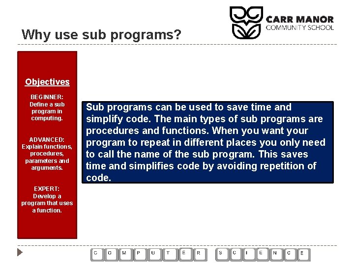 Why use sub programs? Objectives BEGINNER: Define a sub program in computing. ADVANCED: Explain Why use sub programs? Objectives BEGINNER: Define a sub program in computing. ADVANCED: Explain