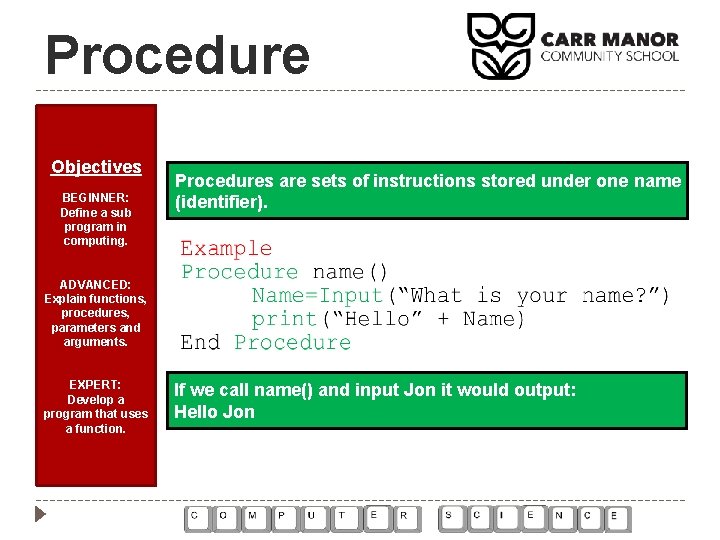 Procedure Objectives BEGINNER: Define a sub program in computing. Procedures are sets of instructions Procedure Objectives BEGINNER: Define a sub program in computing. Procedures are sets of instructions