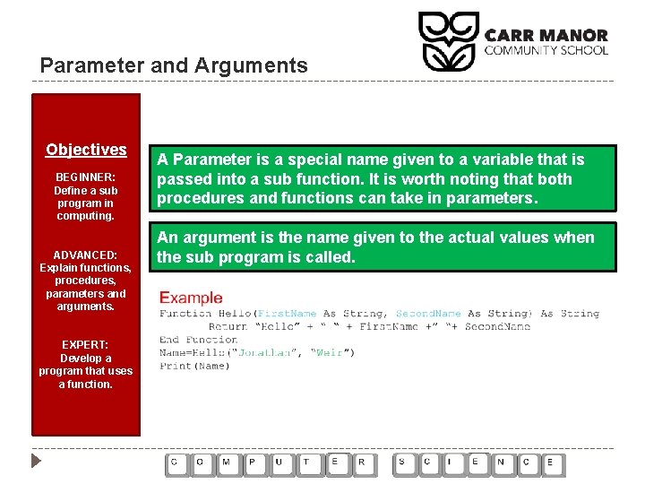 Parameter and Arguments Objectives BEGINNER: Define a sub program in computing. ADVANCED: Explain functions, Parameter and Arguments Objectives BEGINNER: Define a sub program in computing. ADVANCED: Explain functions,