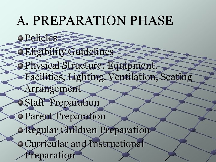 A. PREPARATION PHASE Policies Eligibility Guidelines Physical Structure: Equipment, Facilities, Lighting, Ventilation, Seating Arrangement
