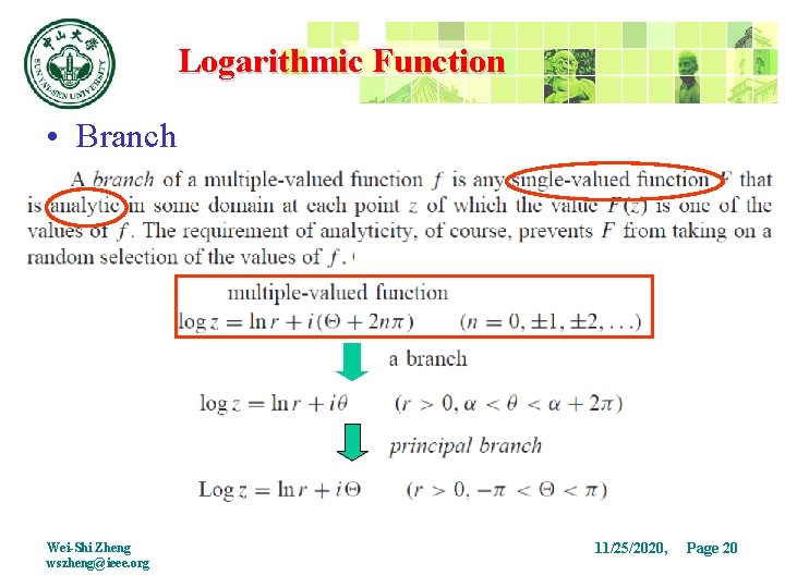 Logarithmic Function • Branch Wei-Shi Zheng wszheng@ieee. org 11/25/2020, Page 20 