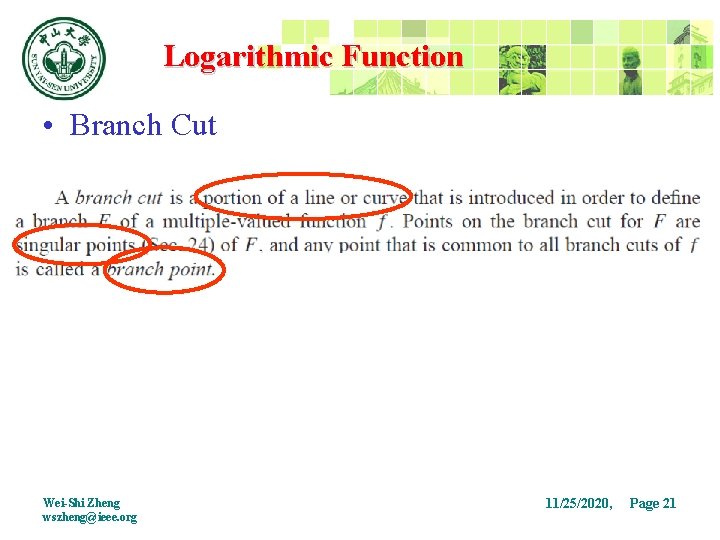 Logarithmic Function • Branch Cut Wei-Shi Zheng wszheng@ieee. org 11/25/2020, Page 21 