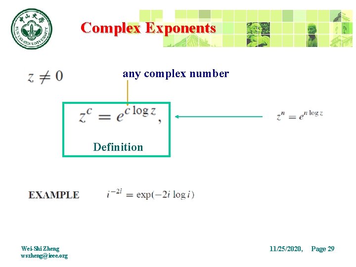 Complex Exponents any complex number Definition Wei-Shi Zheng wszheng@ieee. org 11/25/2020, Page 29 