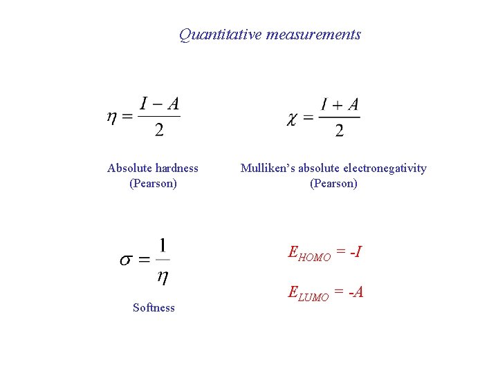 Quantitative measurements Absolute hardness (Pearson) Mulliken’s absolute electronegativity (Pearson) EHOMO = -I Softness ELUMO