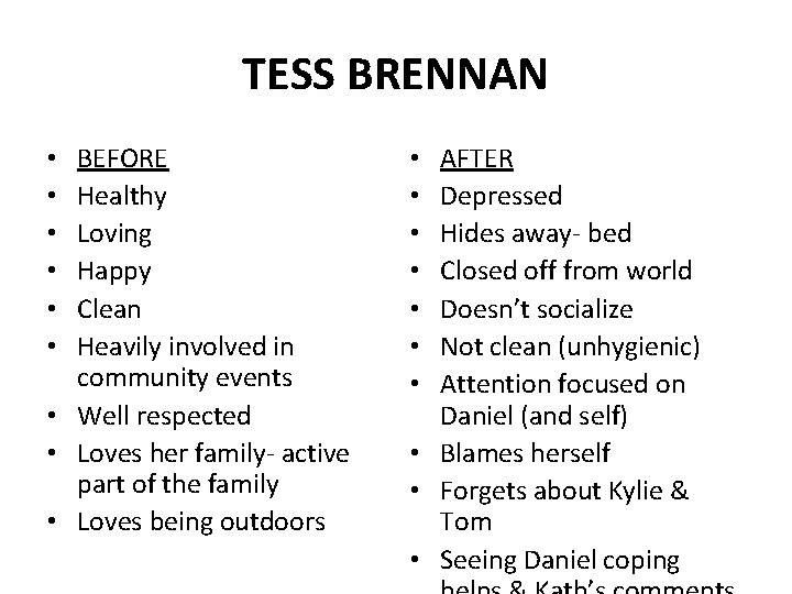 TESS BRENNAN BEFORE Healthy Loving Happy Clean Heavily involved in community events • Well