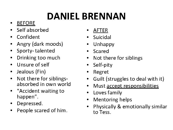 DANIEL BRENNAN BEFORE Self absorbed Confident Angry (dark moods) Sporty- talented Drinking too much