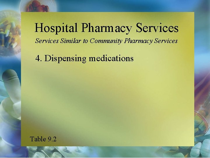Hospital Pharmacy Services Similar to Community Pharmacy Services 4. Dispensing medications Table 9. 2