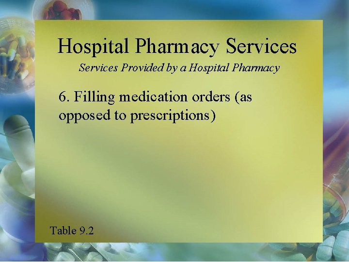 Hospital Pharmacy Services Provided by a Hospital Pharmacy 6. Filling medication orders (as opposed