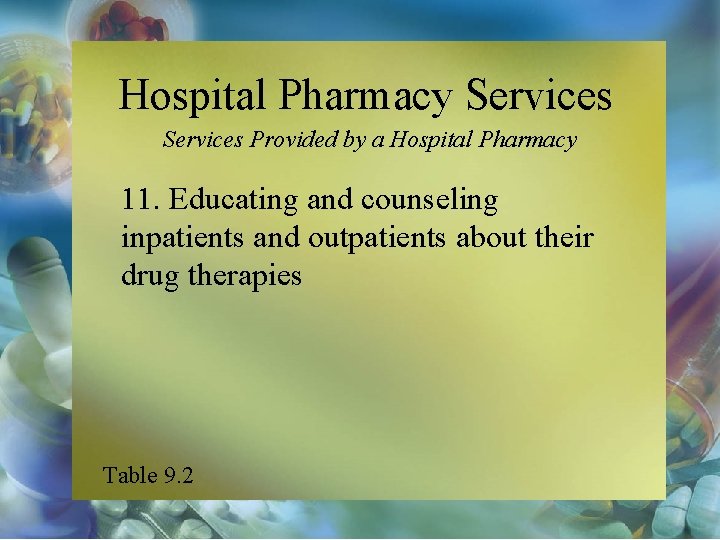 Hospital Pharmacy Services Provided by a Hospital Pharmacy 11. Educating and counseling inpatients and