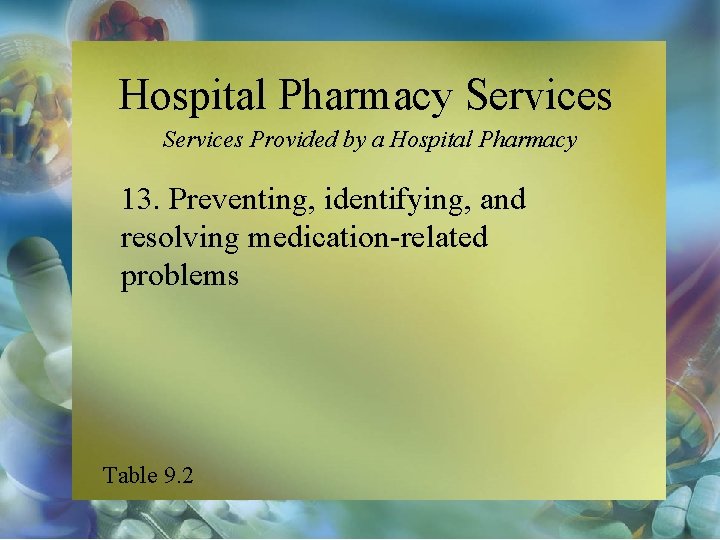 Hospital Pharmacy Services Provided by a Hospital Pharmacy 13. Preventing, identifying, and resolving medication-related