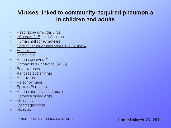 Viruses linked to community-acquired pneumonia in children and adults • • • • •